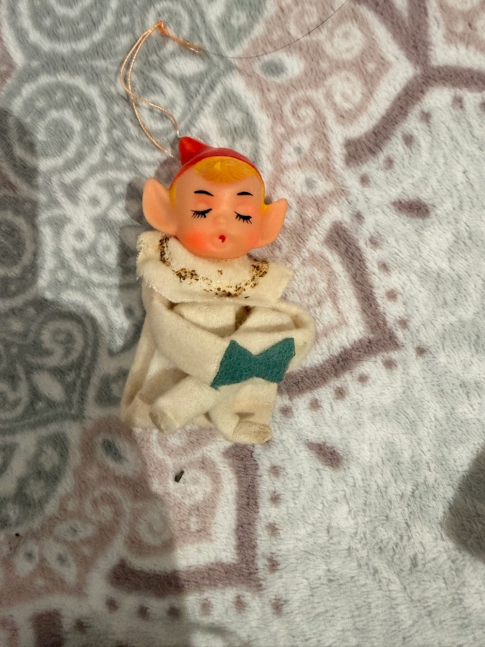 Vintage Elf Ornament with Red Cap and Cream Outfit